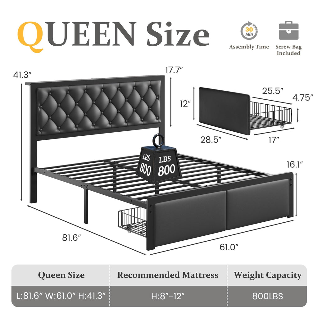 Queen Bed Frame with Upholstered Headboard and 2 Storage Drawers T719