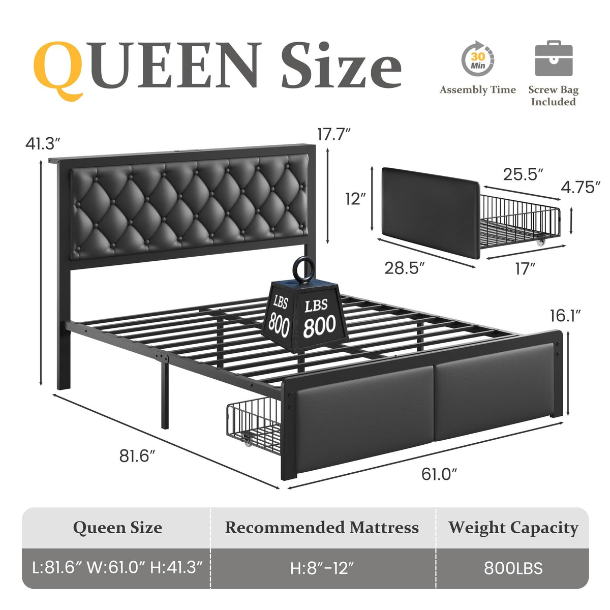 Queen Bed Frame with Upholstered Headboard and 2 Storage Drawers T719