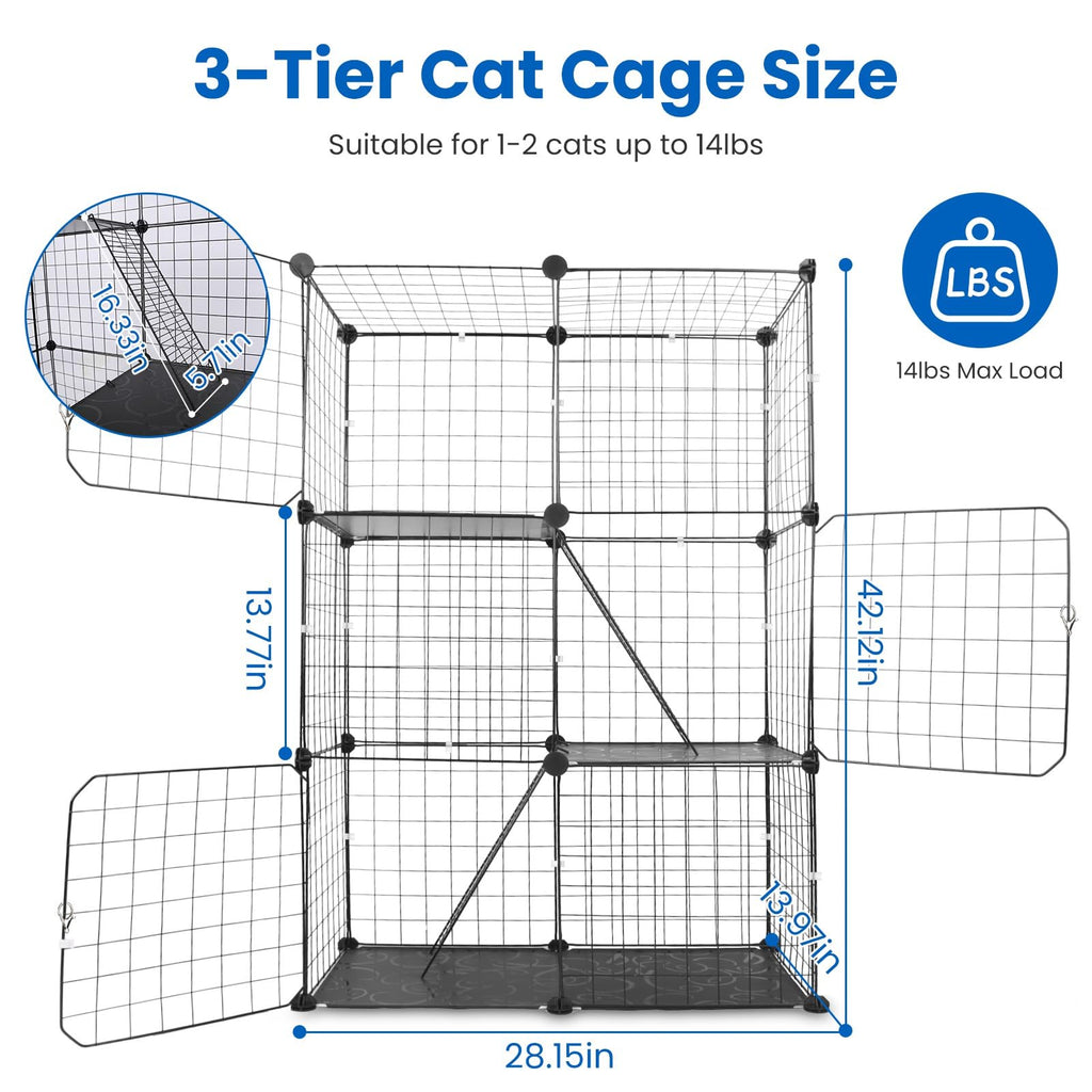 3 Tier Metal Cat Playpen Cage with 3 Doors 2 Ladders P994788