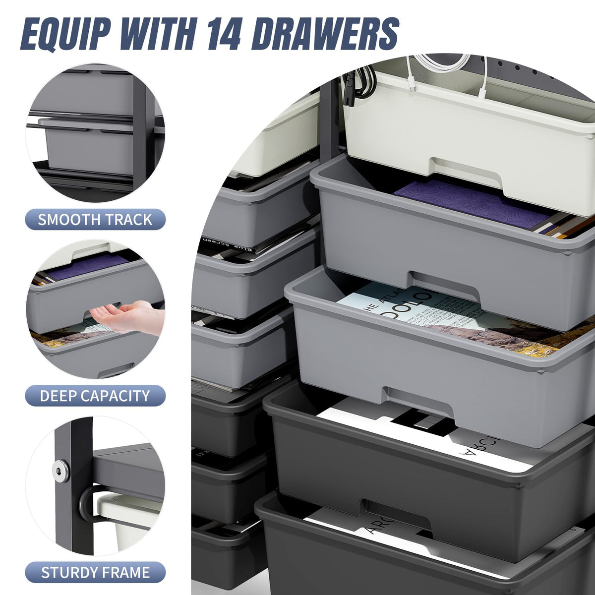 14 Drawer Rolling Storage Cart with Tabletop and Pegboard Grey M852804