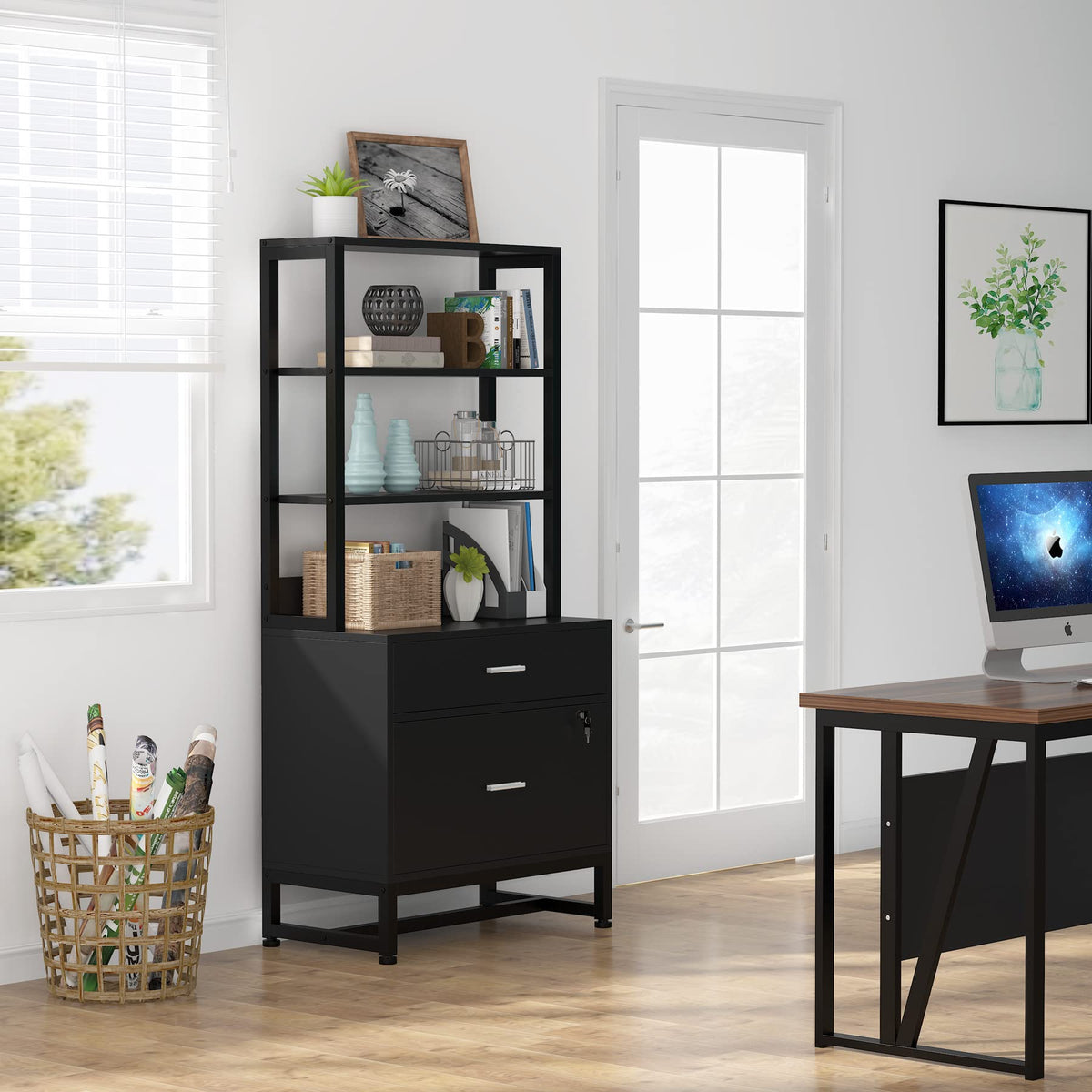 2 Drawer Vertical File Cabinet with Lock & Bookshelf Black B81289