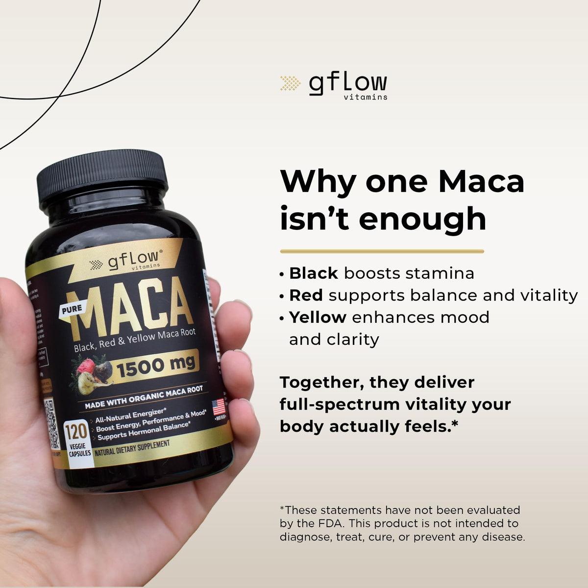 Organic Maca Root Capsules - Black, Red, Yellow Peruvian Maca Root Extract & Black Pepper - 120 Vegan Pills W528354