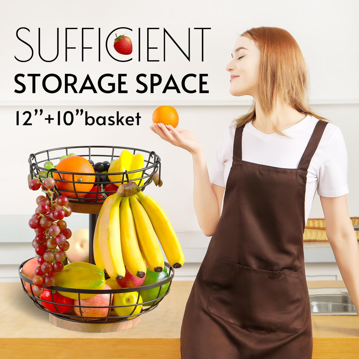 2-tier Metal Fruit Basket Bowl with Wooden Base L148013