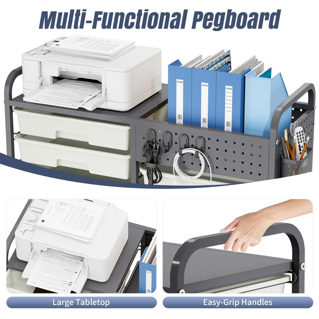 14 Drawer Rolling Storage Cart with Tabletop and Pegboard Grey M852804