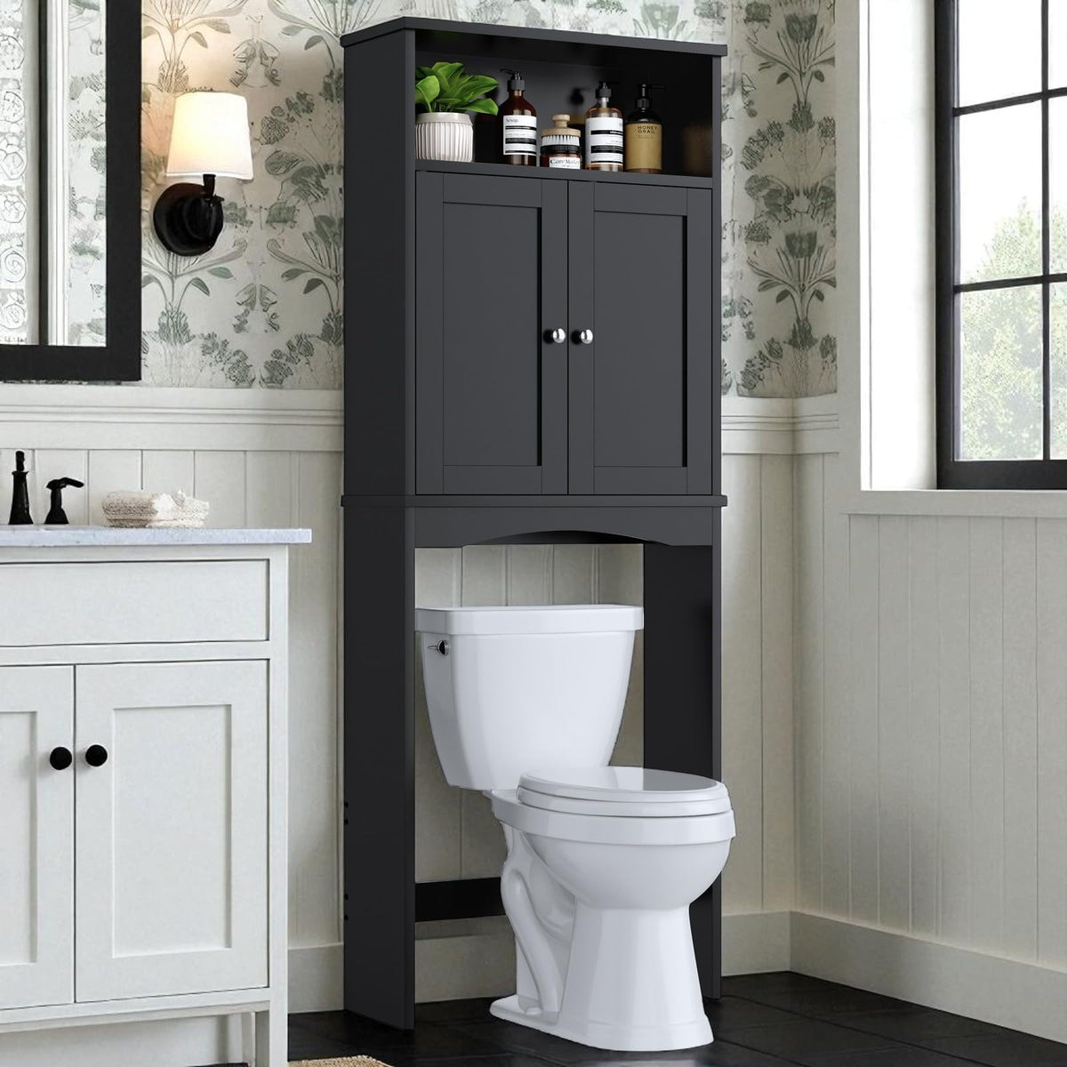 Over The Toilet Storage Cabinet with Adjustable Shelf and Double Door, Black M326