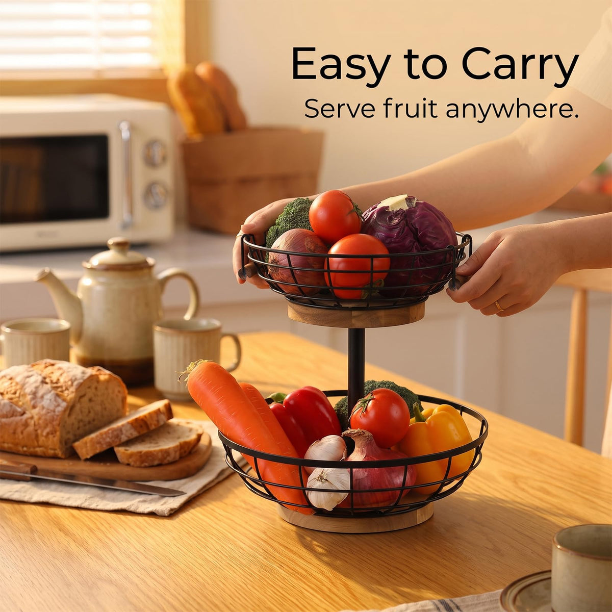 2-tier Metal Fruit Basket Bowl with Wooden Base L148013