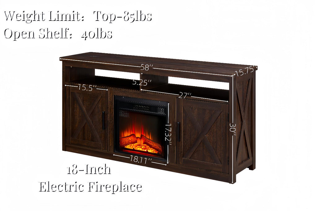 Farmhouse TV Media Stand with 18" Fireplace Insert, Espresso V519