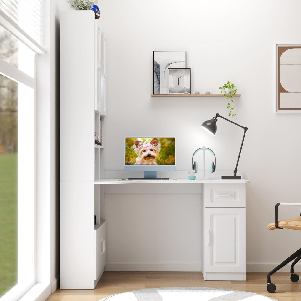 White L Shaped Corner Computer Desk with Bookshelf and Drawer N812