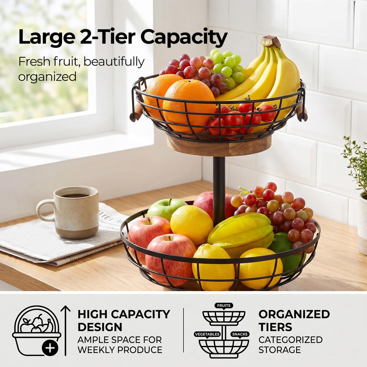 2-tier Metal Fruit Basket Bowl with Wooden Base L148013