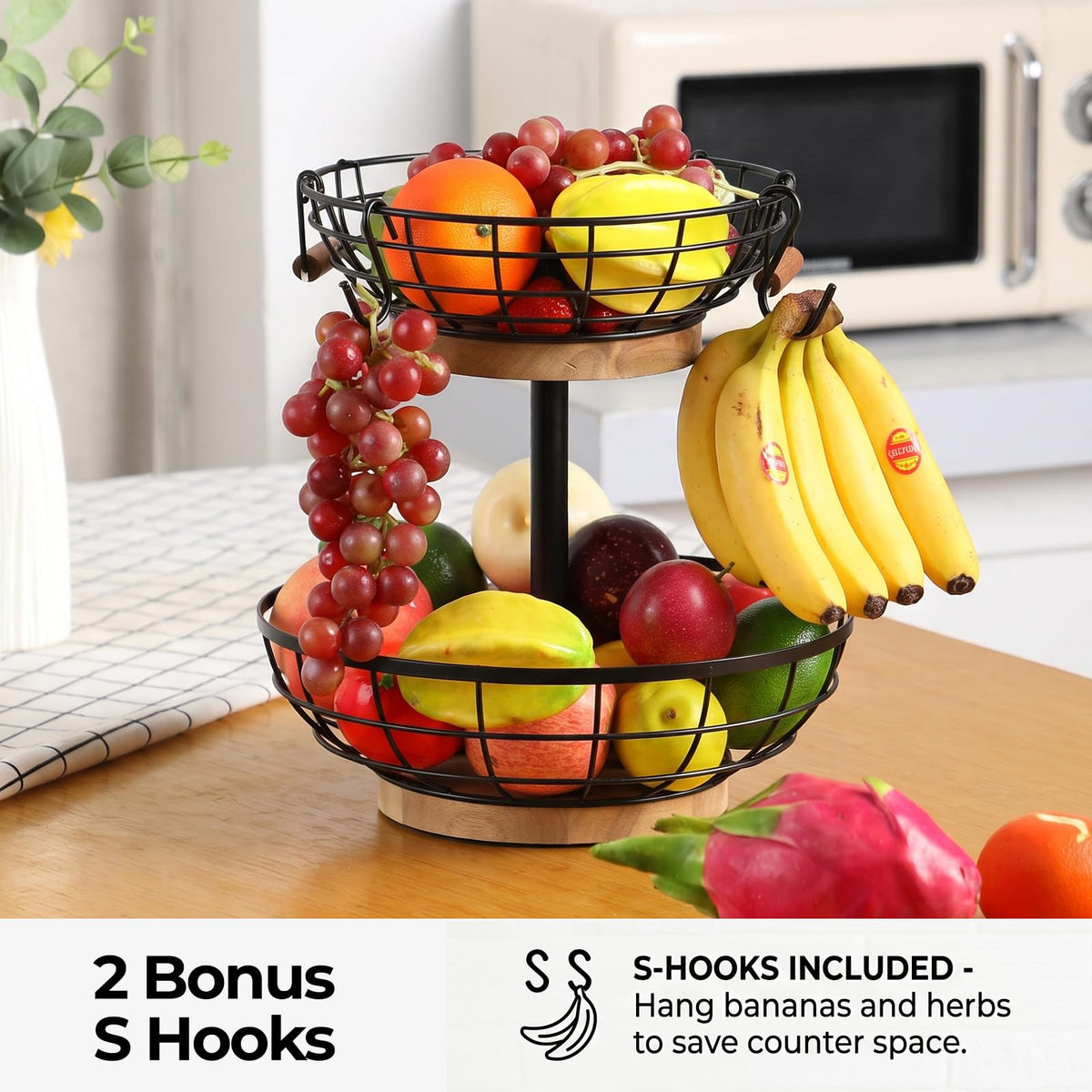 2-tier Metal Fruit Basket Bowl with Wooden Base L148013