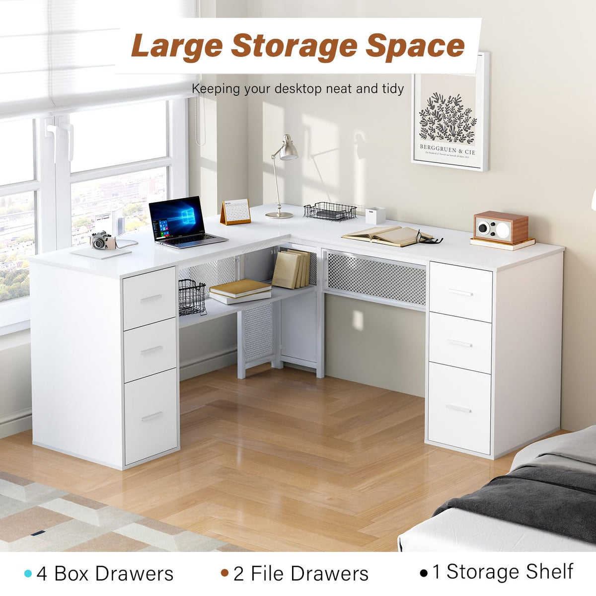 White L Shaped Desk with Drawers G368180