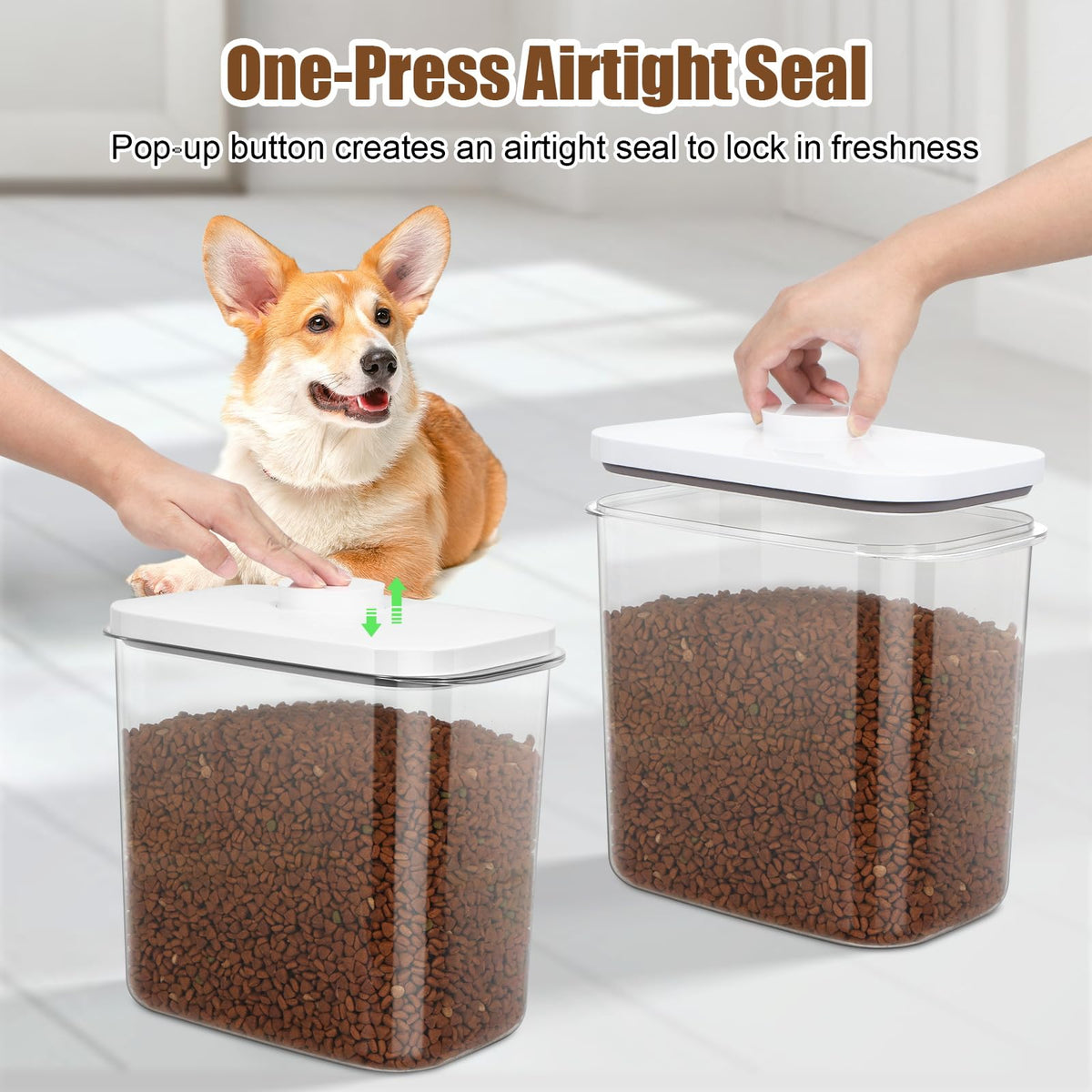 Dog Cat Food Storage Container with Handles, Stackable Pop Up Lids I73972