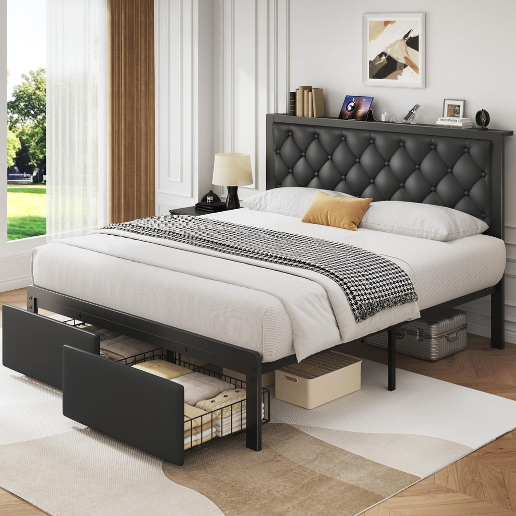 Queen Bed Frame with Upholstered Headboard and 2 Storage Drawers T719