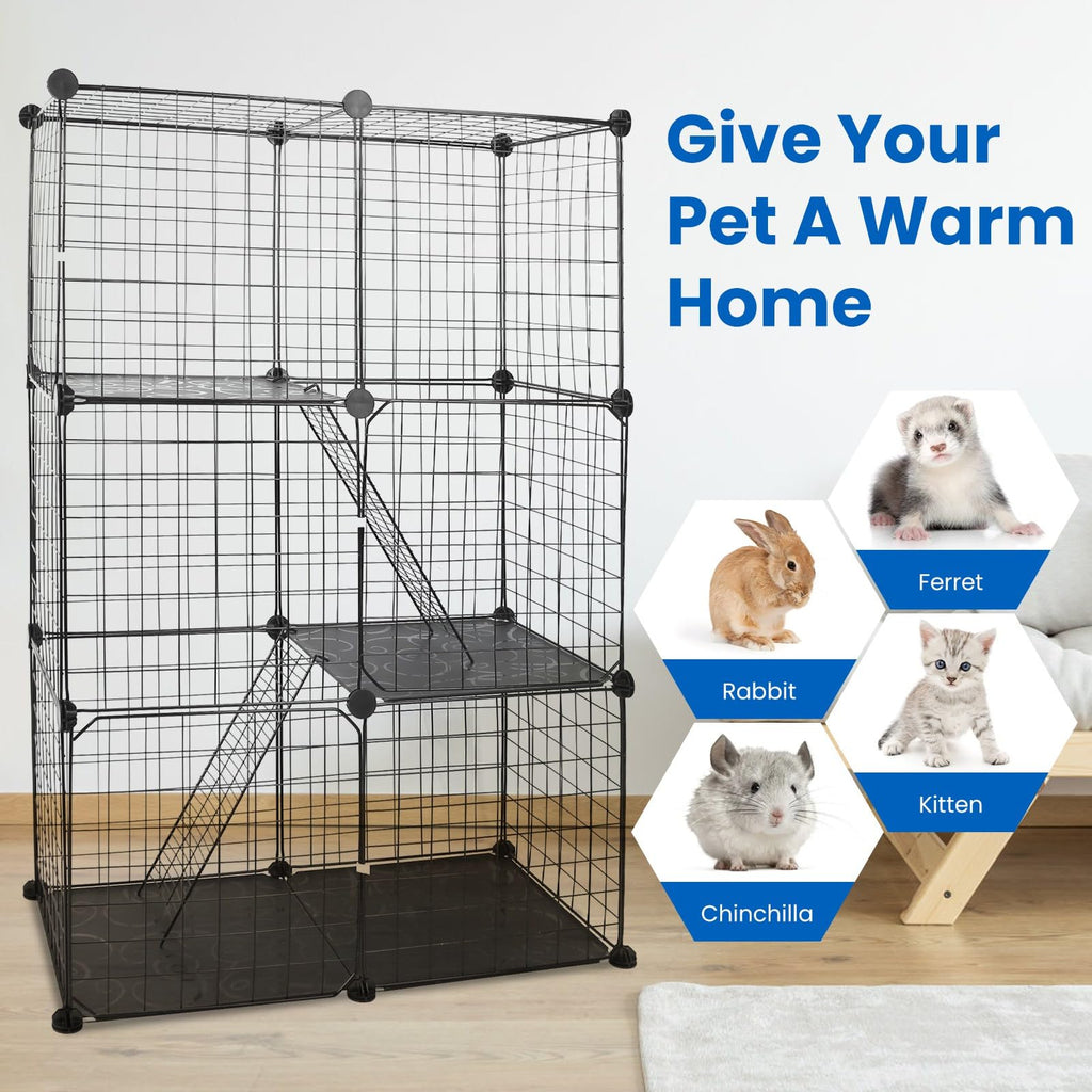 3 Tier Metal Cat Playpen Cage with 3 Doors 2 Ladders P994788