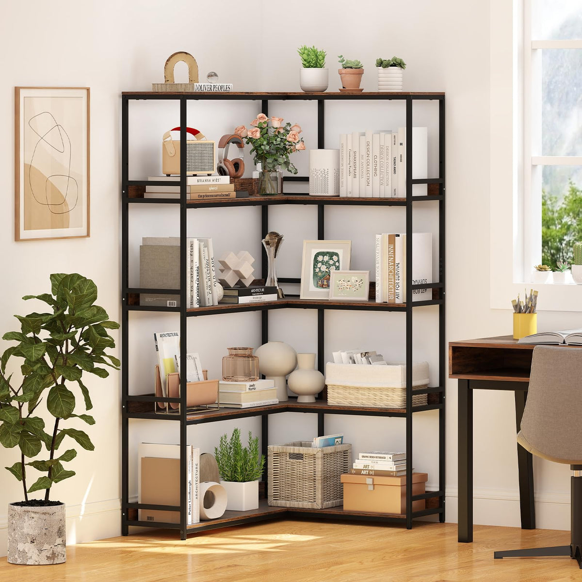 5-Tier L-Shaped Bookshelf with Metal Frame F493847