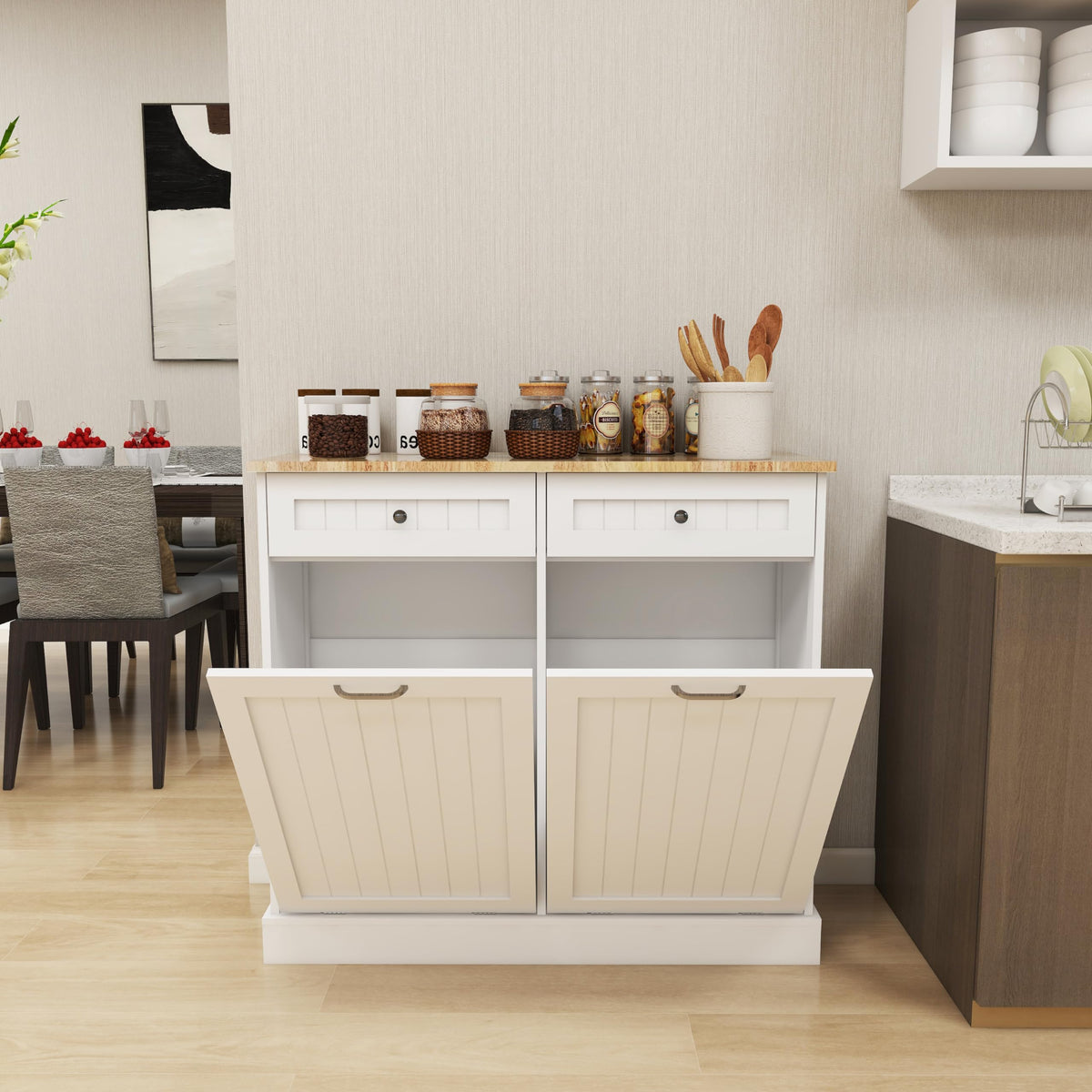White Double Tilt Out Trash Cabinet with Drawers Z1026