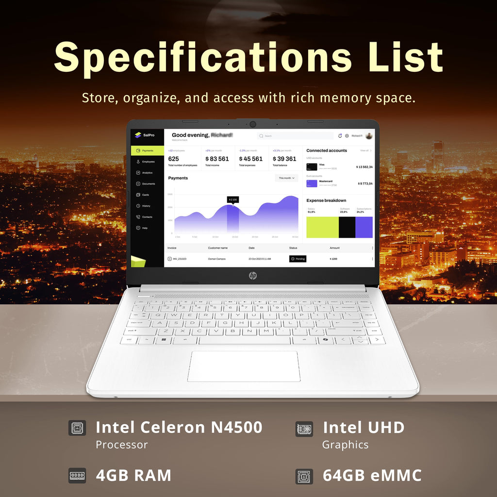 14" HD Laptop, Intel Celeron N4500, 4GB DDR4 RAM, 64GB eMMC, White T950546