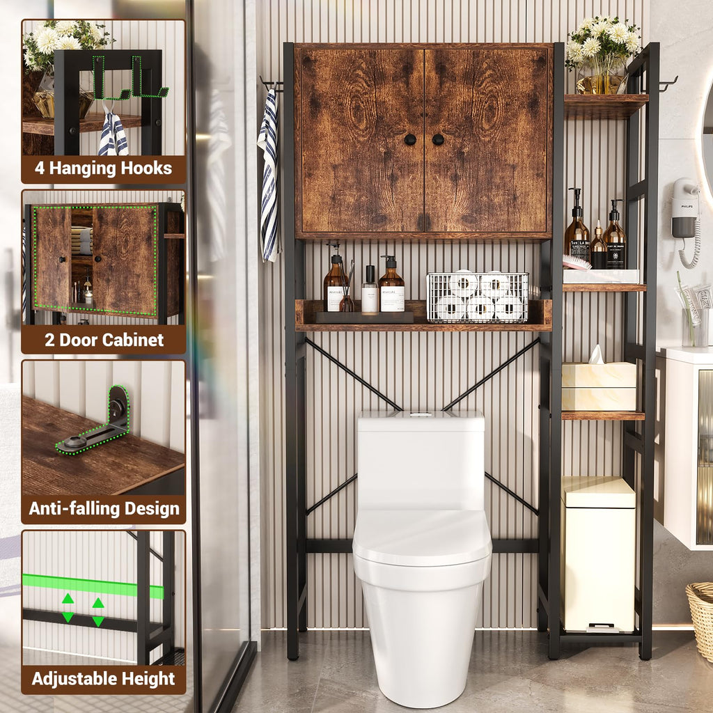 Over The Toilet Storage Cabinet with Doors, 7 Tier Bathroom Organizer with Adjustable Shelf U90317