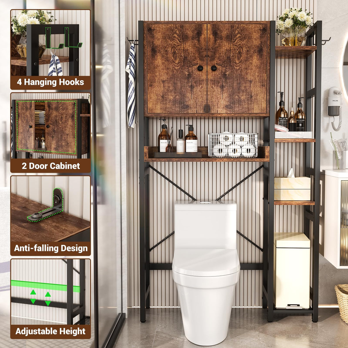 Over The Toilet Storage Cabinet with Doors, 7 Tier Bathroom Organizer with Adjustable Shelf U90317