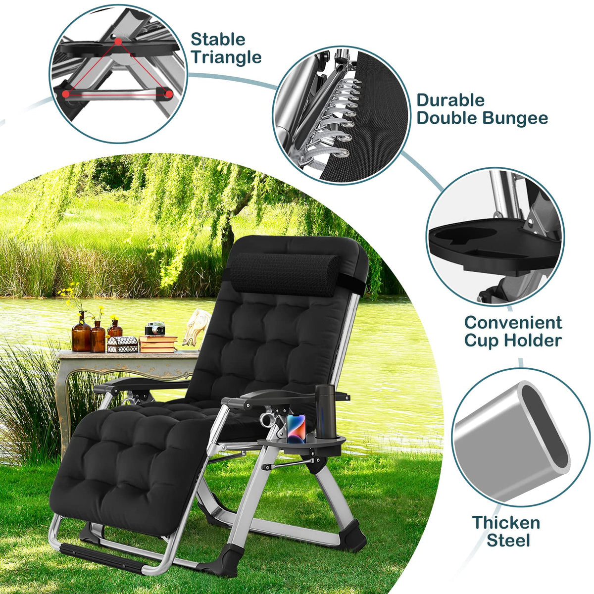 Zero Gravity Folding Outdoor Lounge Chair with Cup Holder W9071
