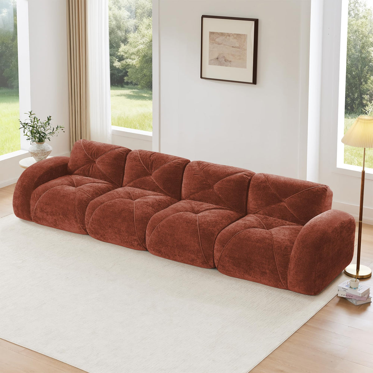 140" Orange Velvet Sofa with Tufted 32D Sponge Q23540