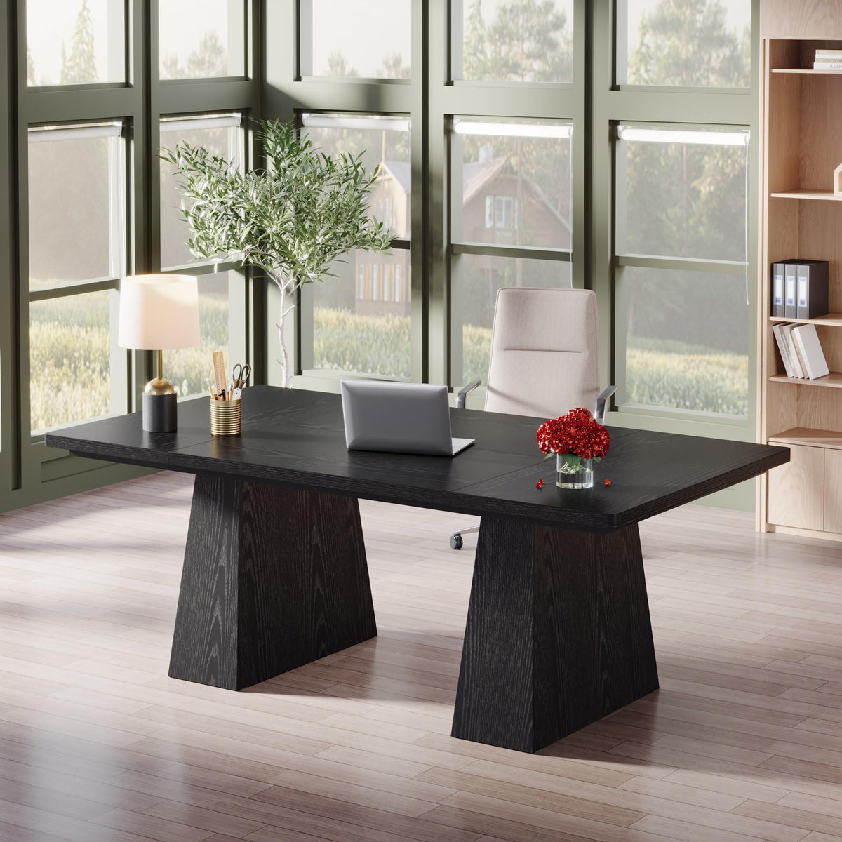 63-Inch Black Executive Desk with Double Pedestal O348218