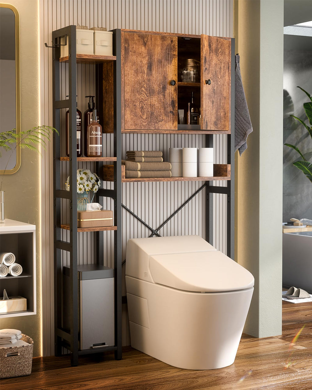 Over The Toilet Storage Cabinet with Doors, 7 Tier Bathroom Organizer with Adjustable Shelf U90317