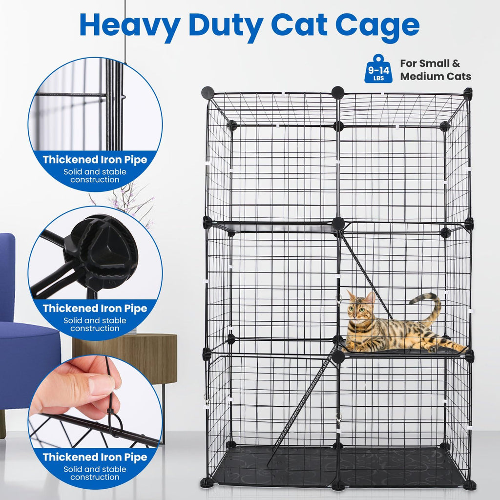 3 Tier Metal Cat Playpen Cage with 3 Doors 2 Ladders P994788