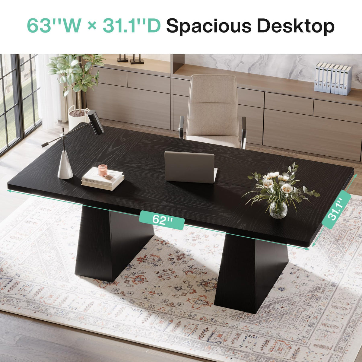 63-Inch Black Executive Desk with Double Pedestal O348218