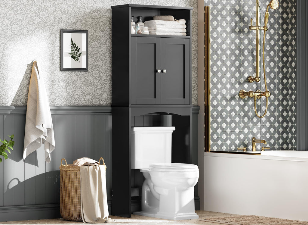 Over The Toilet Storage Cabinet with Adjustable Shelf and Double Door, Black M326
