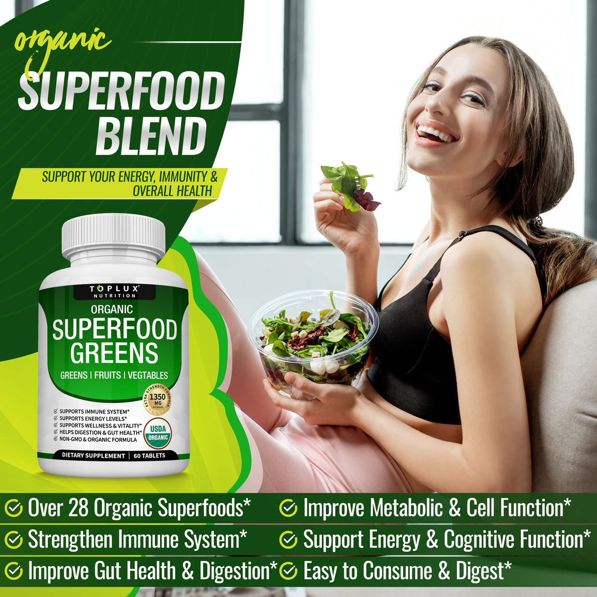 Organic Super Greens Capsules Superfood Supplement 60 Tablets Q38289