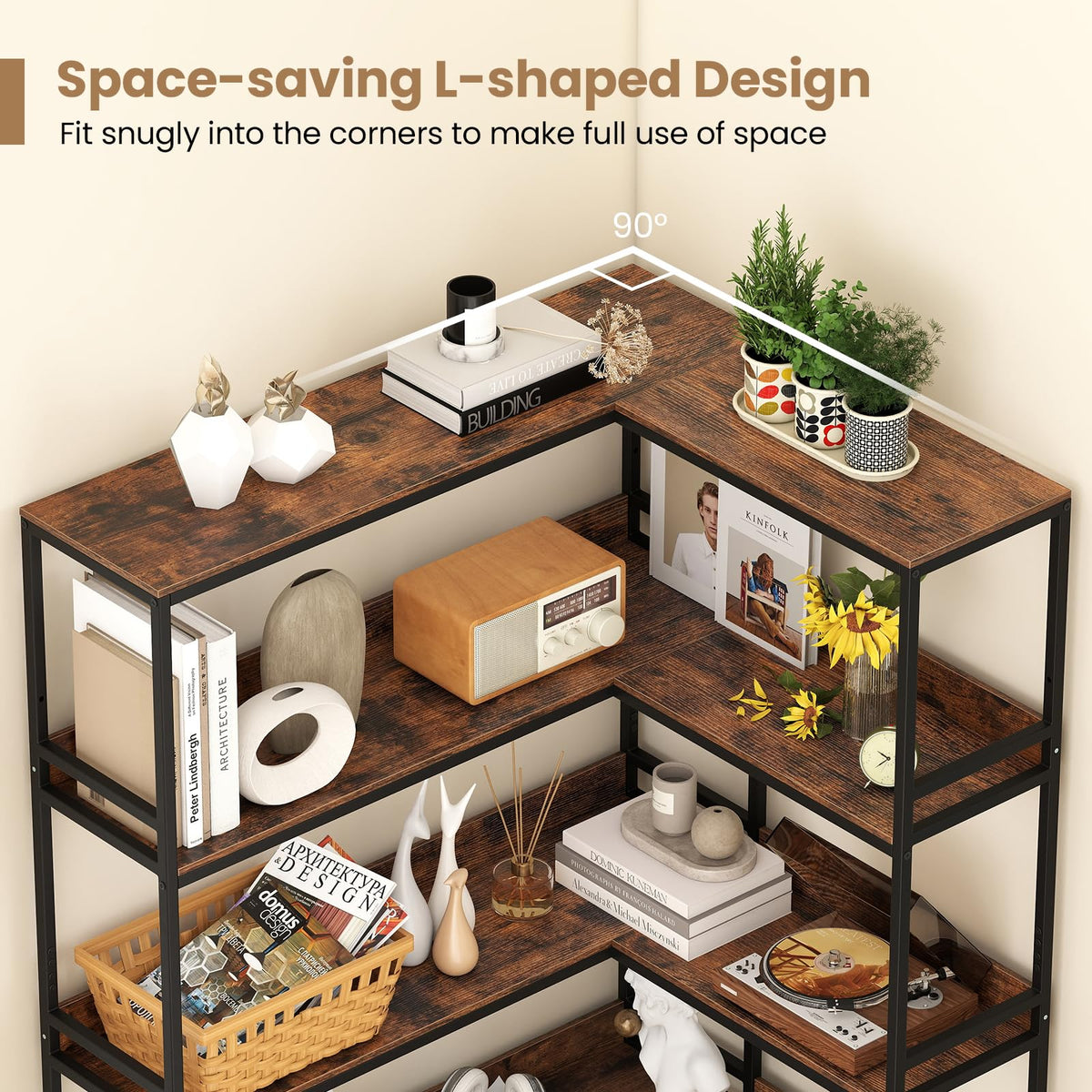 5-Tier L-Shaped Bookshelf with Metal Frame F493847
