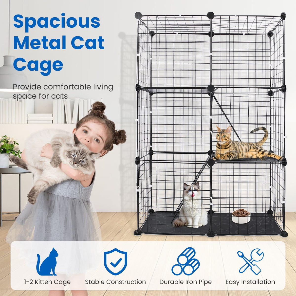 3 Tier Metal Cat Playpen Cage with 3 Doors 2 Ladders P994788