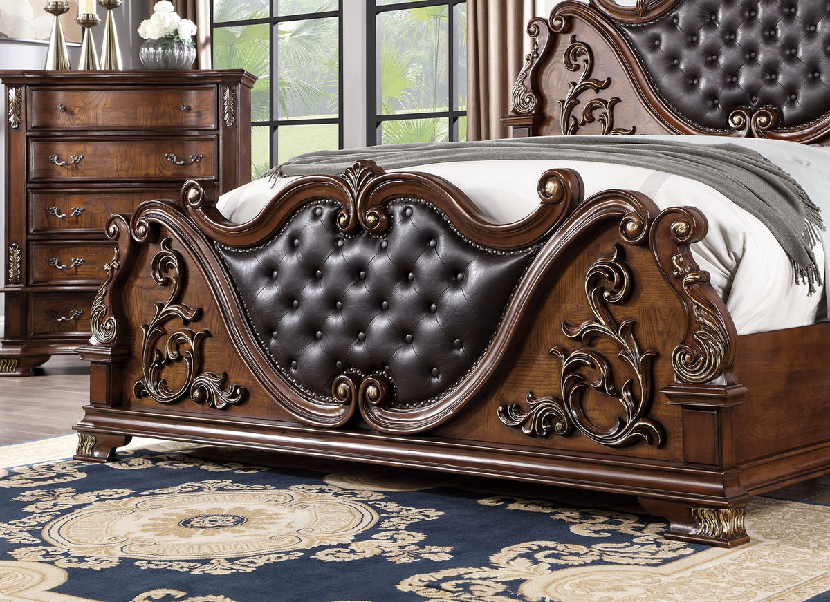 Brown Cherry California King Bed Frame with Tufted Leatherette Headboard H6371
