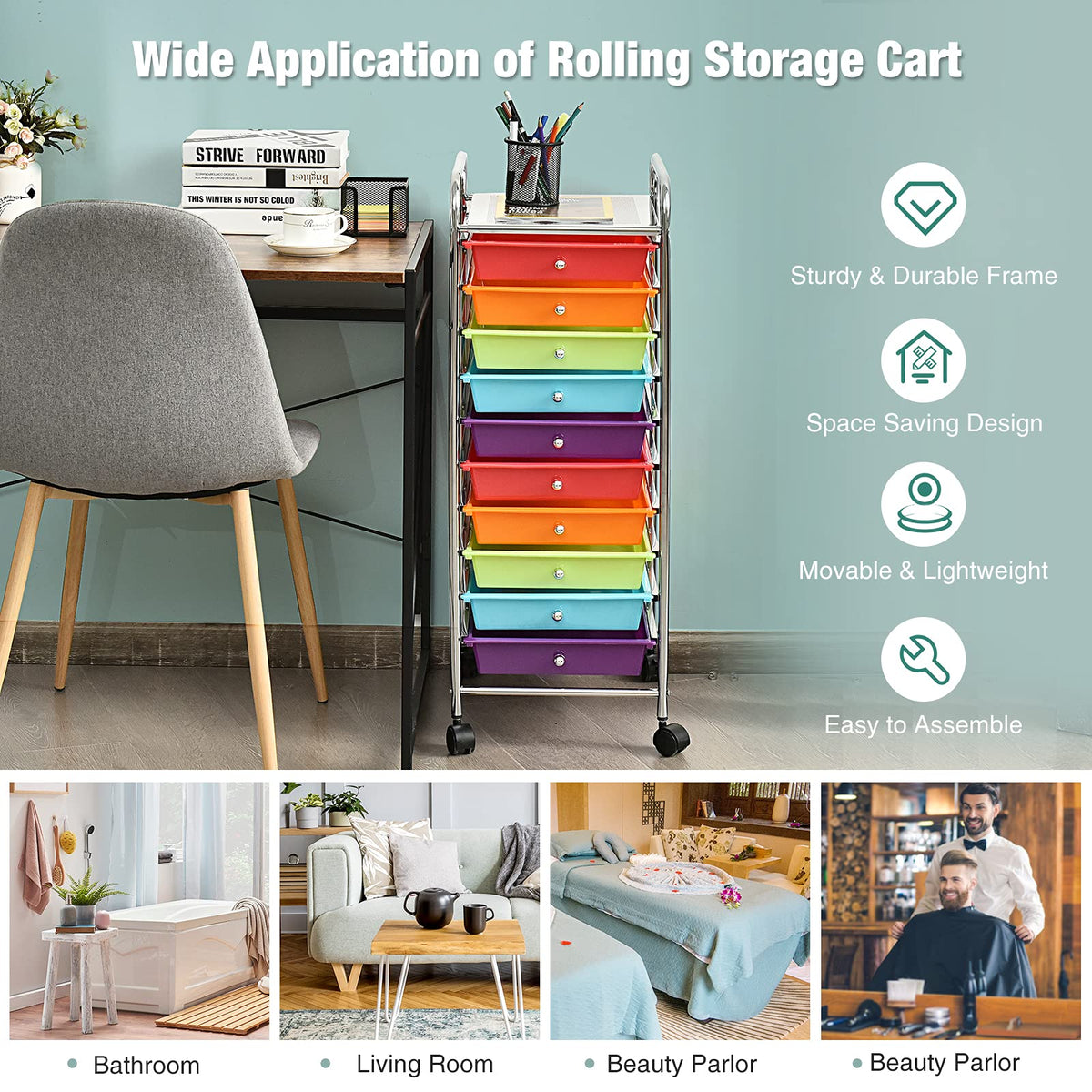 10 Drawer Rolling Cart with Lockable Wheels G722
