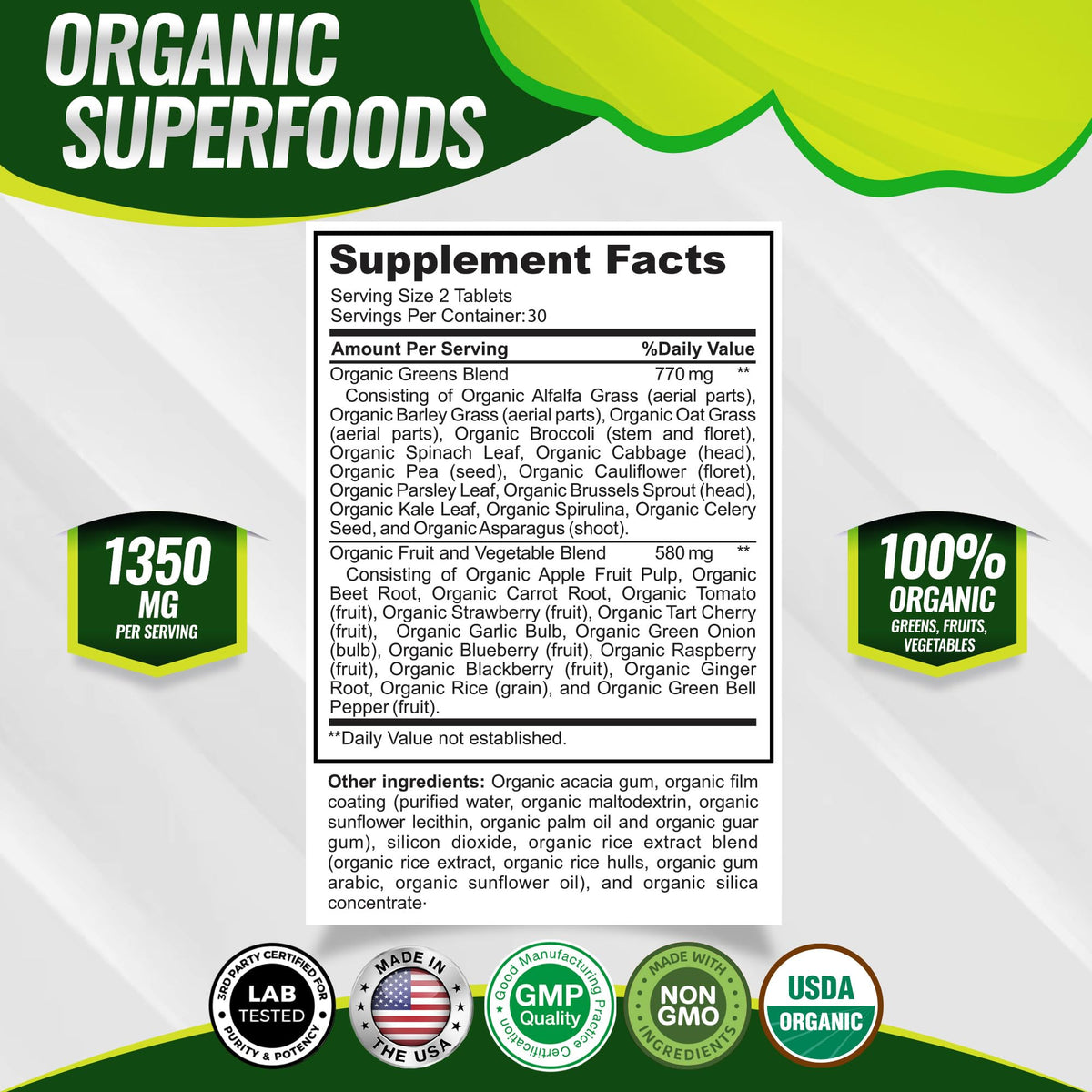 Organic Super Greens Capsules Superfood Supplement 60 Tablets Q38289