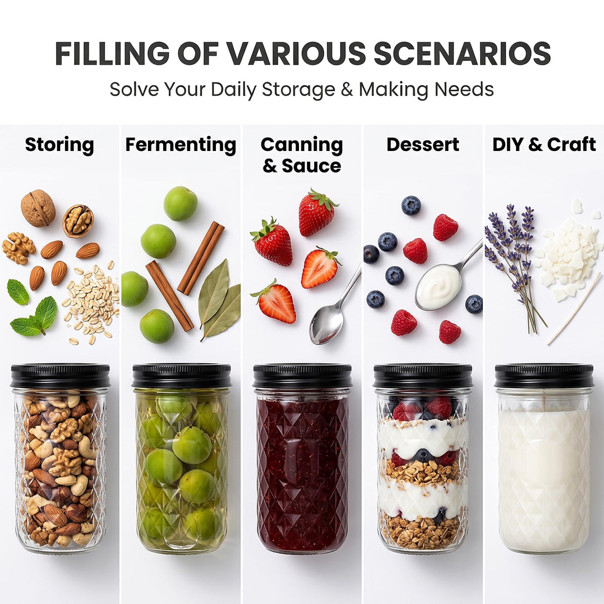 12 oz Mason Jars 12 Pack Regular Mouth Canning Jars with Black Lids F165