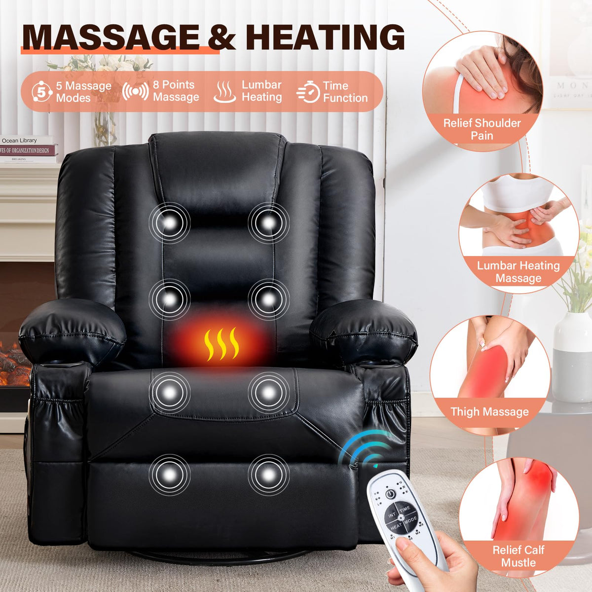Swivel Rocker Recliner Chair with Vibration Massage and Heat D443717