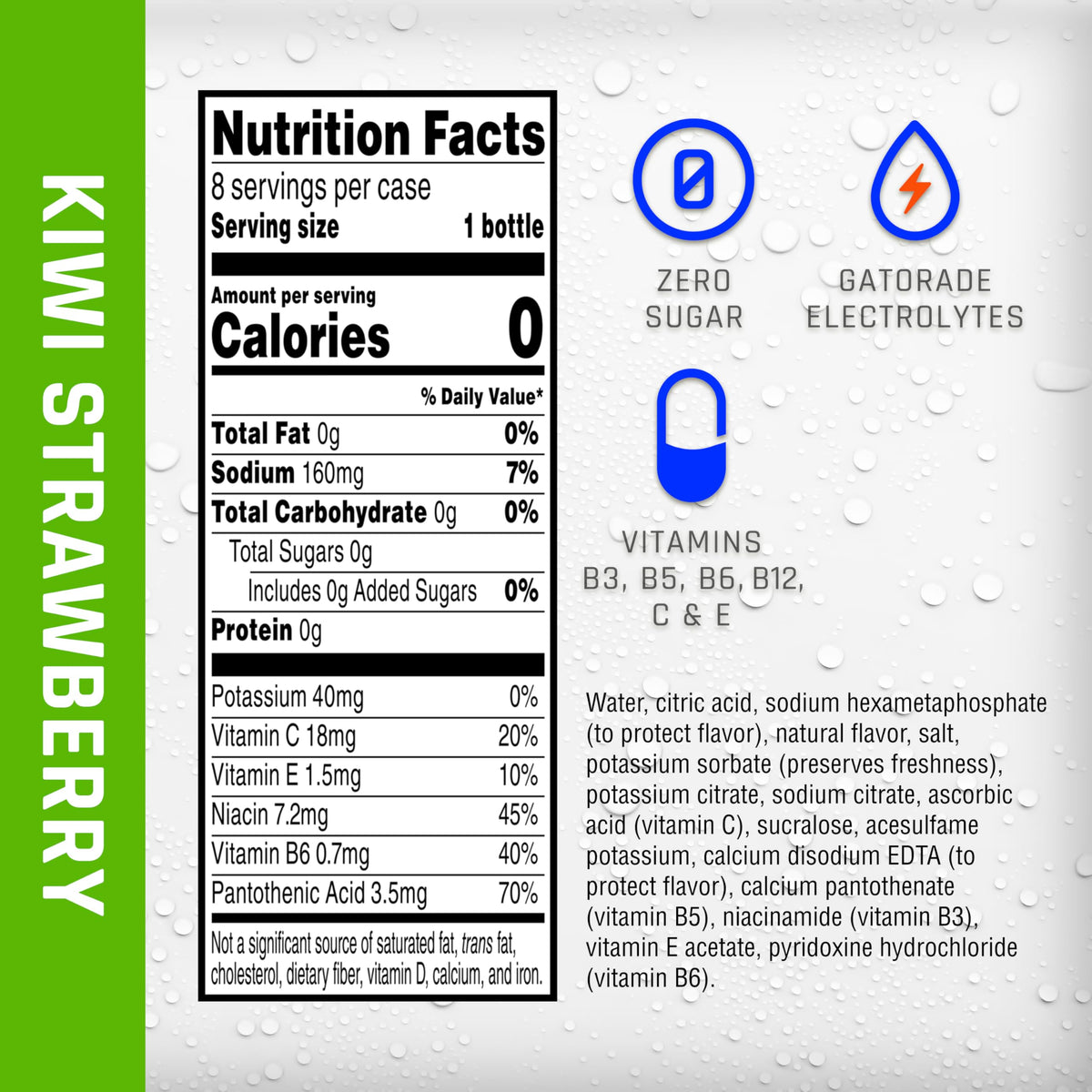 Electrolyte Water, Kiwi Strawberry, 12 fl oz, 8 Pack H51807