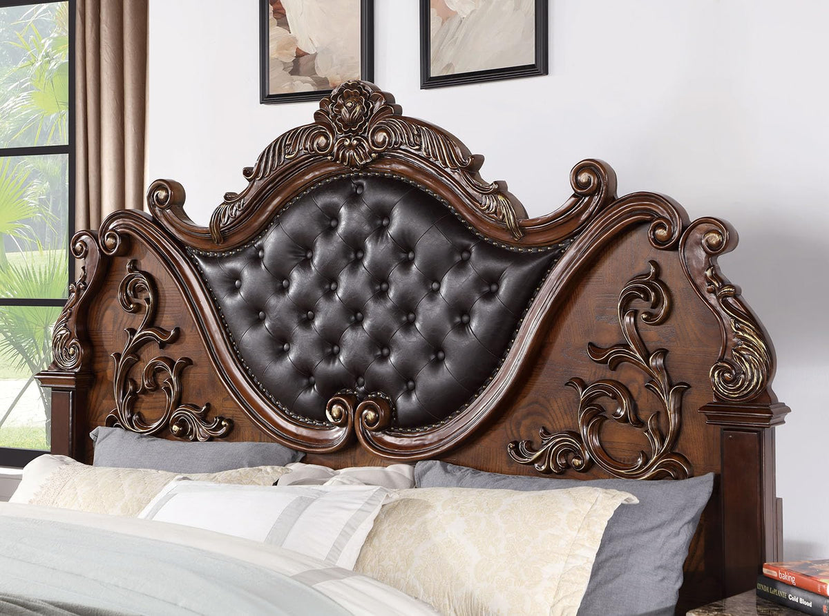 Brown Cherry California King Bed Frame with Tufted Leatherette Headboard H6371