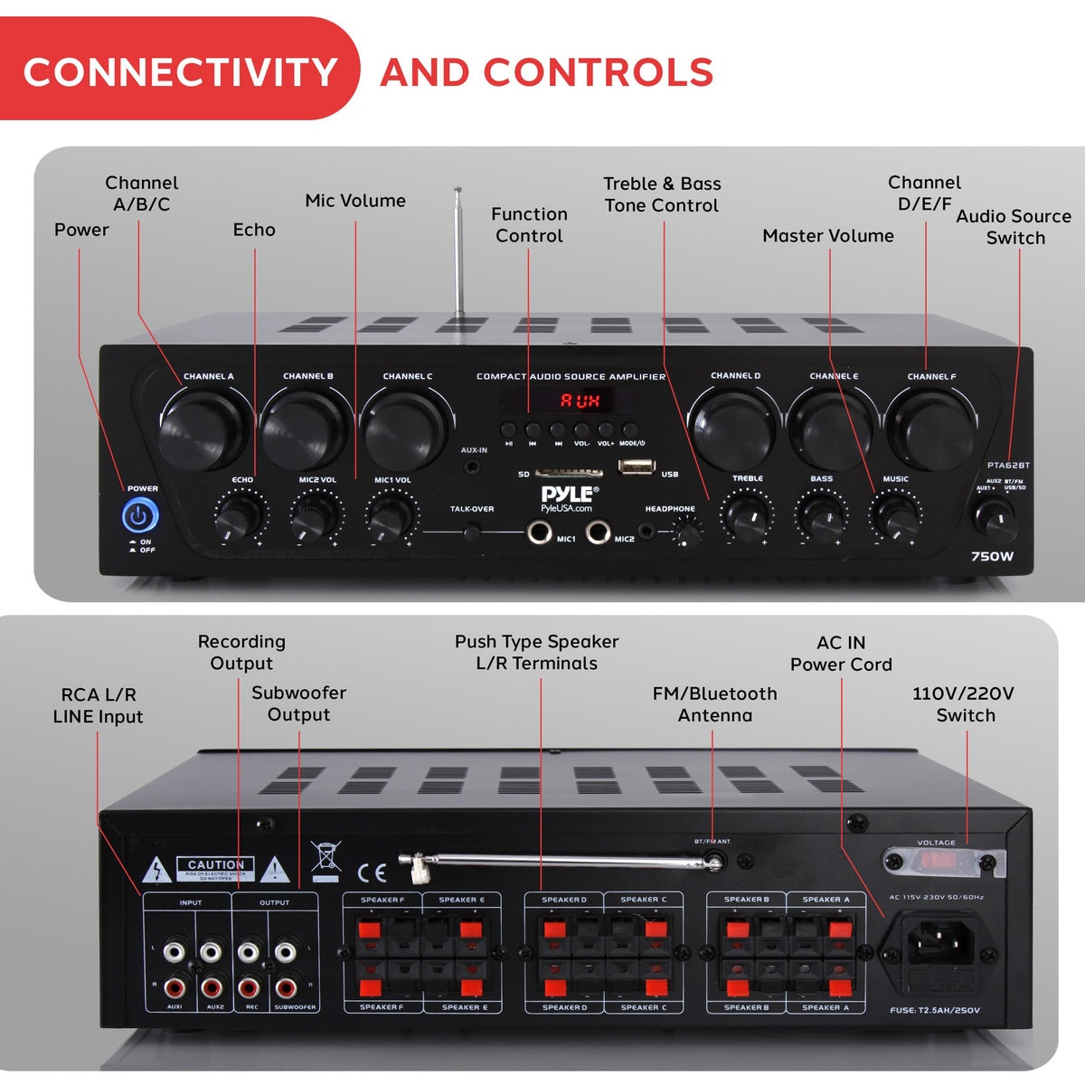 Wireless Bluetooth 6 Channel 750W Karaoke Amplifier F836