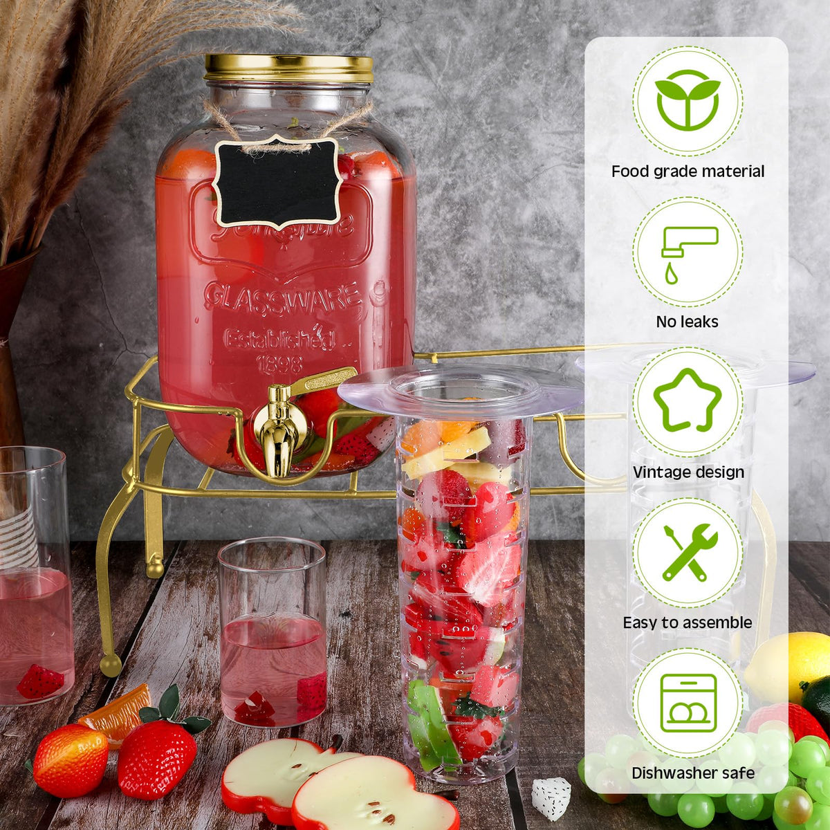 2 Pcs 2 Gallon Glass Drink Dispenser with Stand R485799