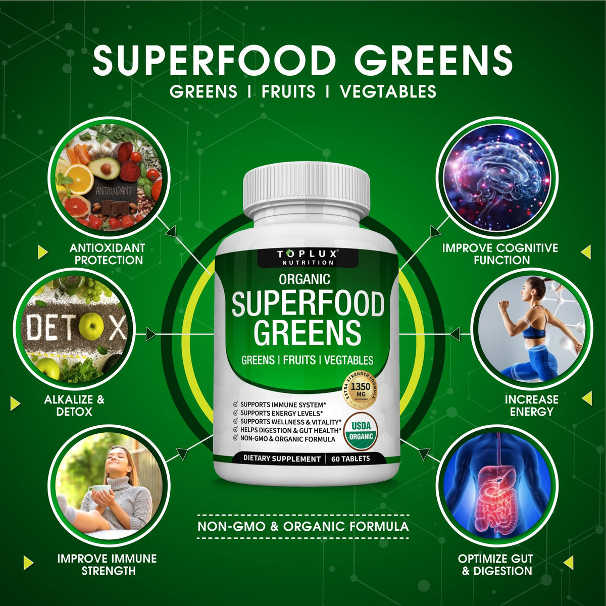 Organic Super Greens Capsules Superfood Supplement 60 Tablets Q38289