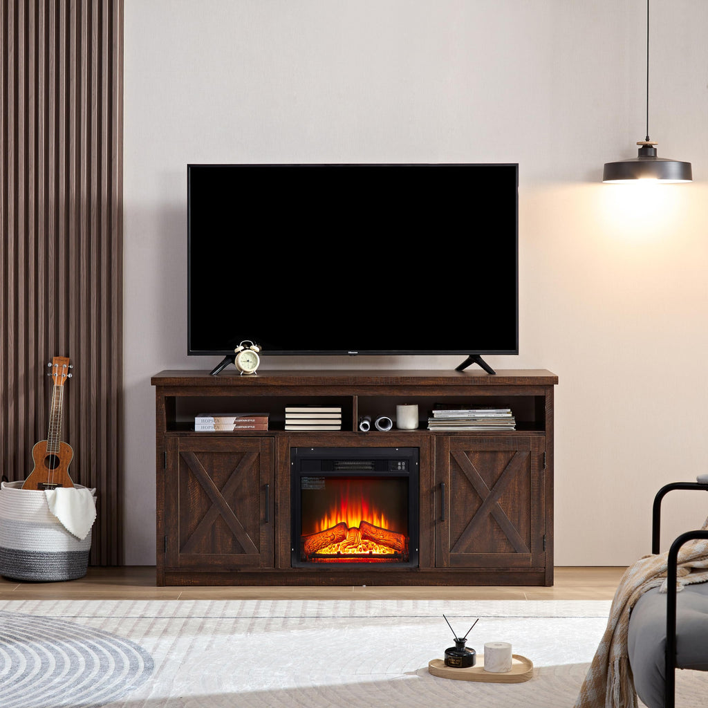Farmhouse TV Media Stand with 18" Fireplace Insert, Espresso V519