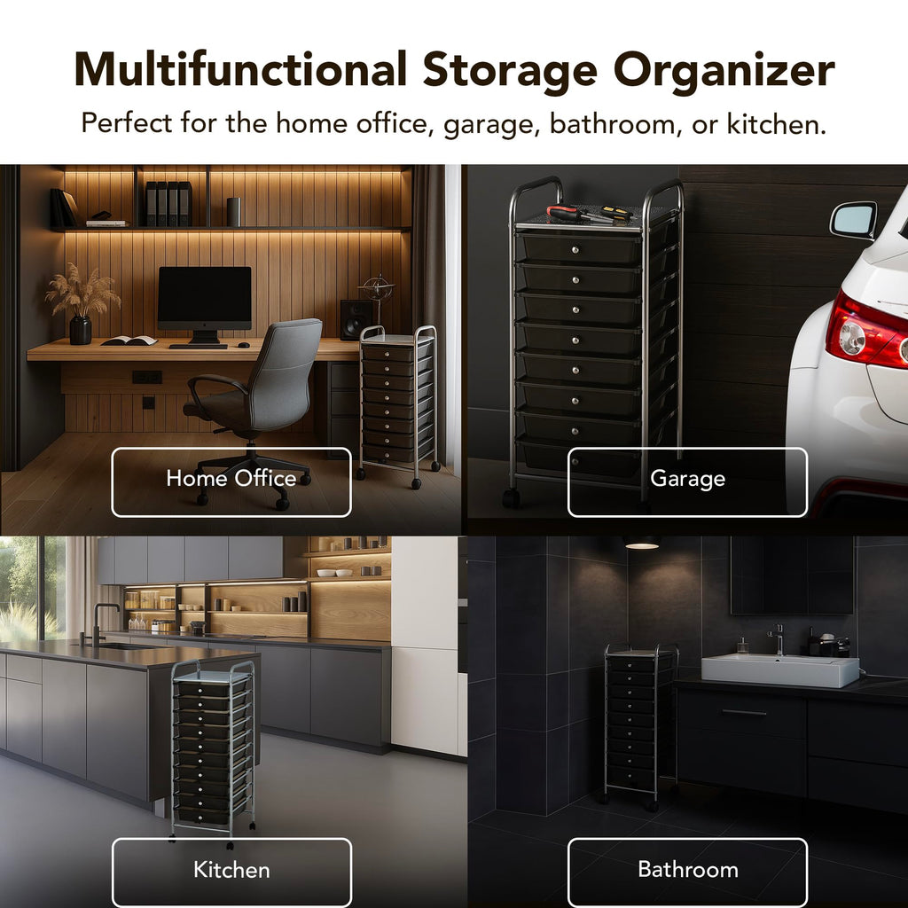 10 Drawer Rolling Storage Cart with Black Drawers B839017