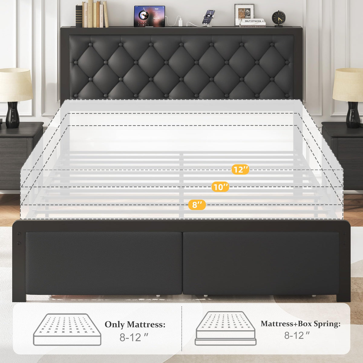 Queen Bed Frame with Upholstered Headboard and 2 Storage Drawers T719