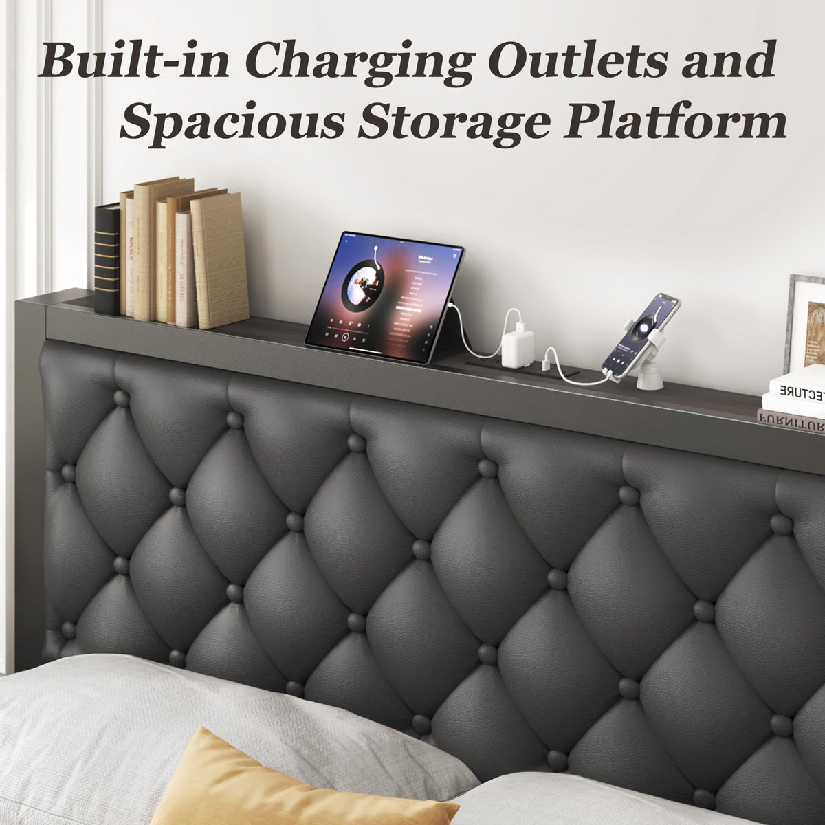 Queen Bed Frame with Upholstered Headboard and 2 Storage Drawers T719