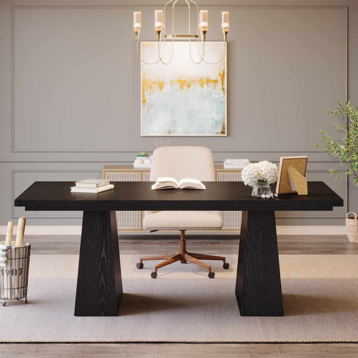 63-Inch Black Executive Desk with Double Pedestal O348218