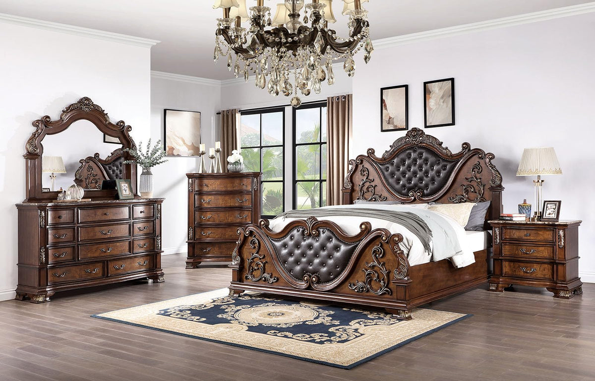Brown Cherry California King Bed Frame with Tufted Leatherette Headboard H6371