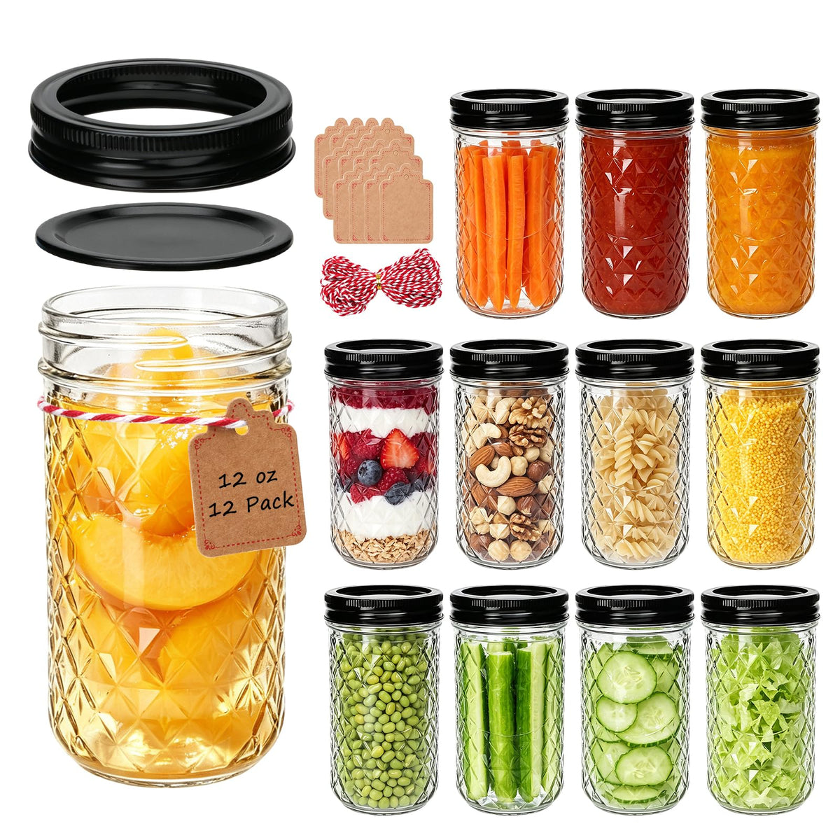 12 oz Mason Jars 12 Pack Regular Mouth Canning Jars with Black Lids F165